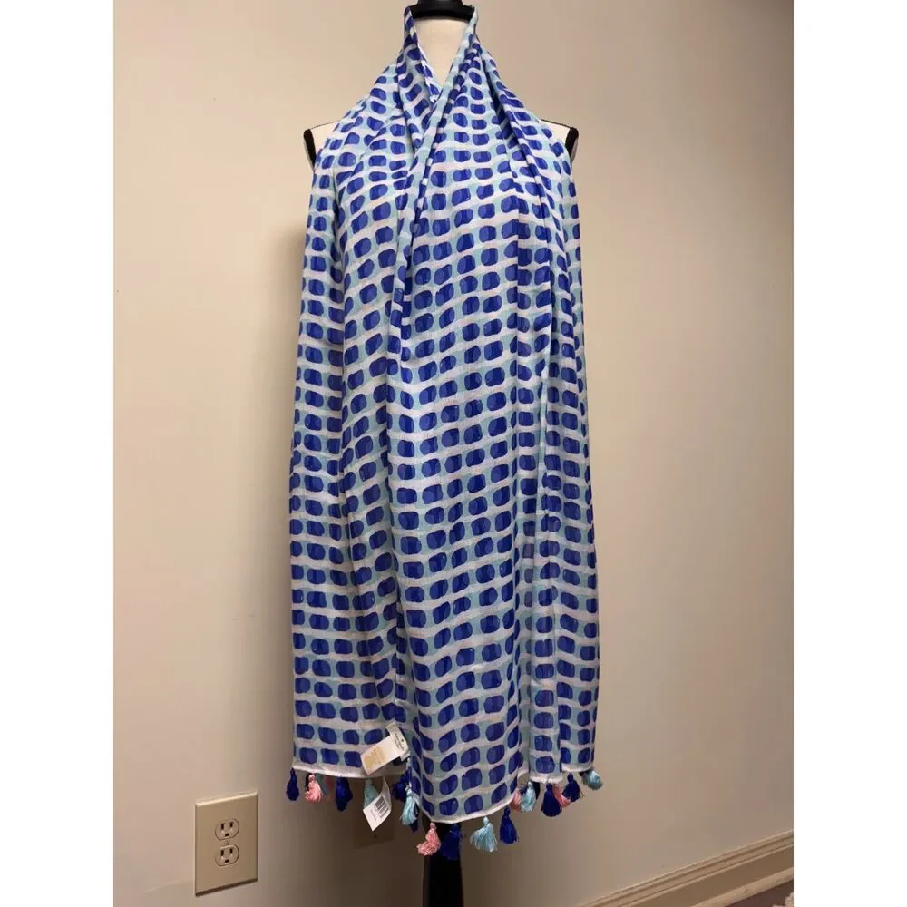 NWT - KATE SPADE Island Stamp Scarf, Blue/White/Pink/Turquoise, Tassels